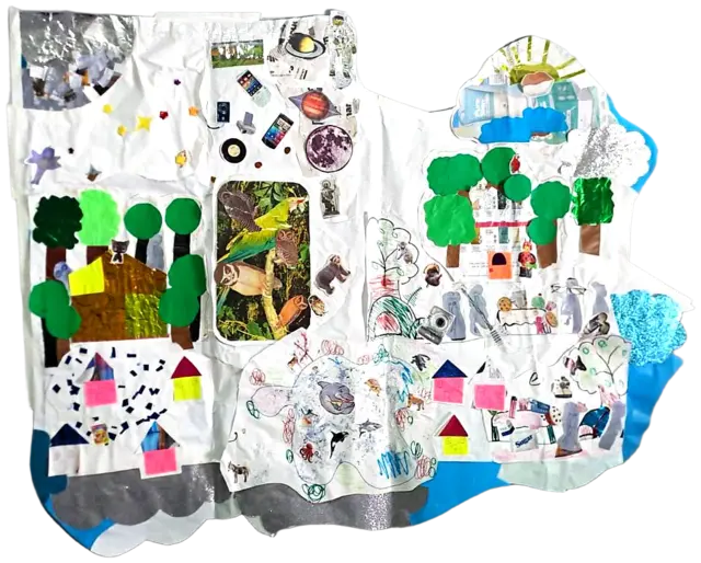 Mural colectivo completo: la isla con casas, bosque, selva, mar, sol y nubes; collage de dibujos, revistas, cartulina y papel metalizado