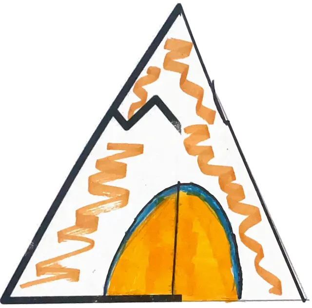 Ficha «No es una montaña»: carpa con zigzags naranjas. A mano: «una carpa que te lleva a cualquier lugar»
