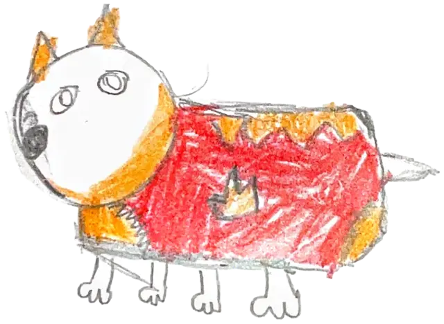 Perrito pitbull con cuerpo rojo y naranja, a lápiz y color. Consigna impresa «El pitbull»