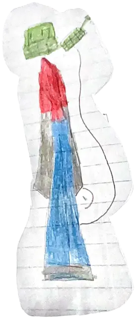Figura recortada en papel cuadriculado: cabeza verde, torso rojo, pantalón azul