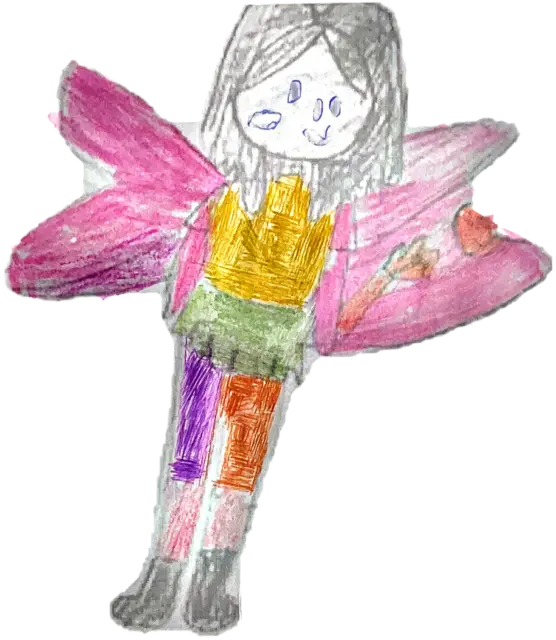 Hada muñeca: alas rosadas, vestido amarillo y verde, varita roja. Ficha impresa «DIANA»