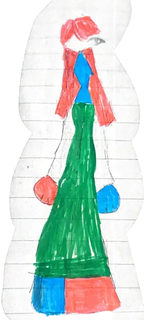 Figura recortada en papel cuadriculado: pelo naranja, remera azul, cuerpo verde largo. Ficha impresa «JUAN PABLO»