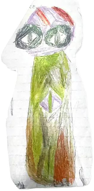 Figura recortada en papel cuadriculado: cabeza lila con anteojos redondos, cuerpo verde, piernas marrones
