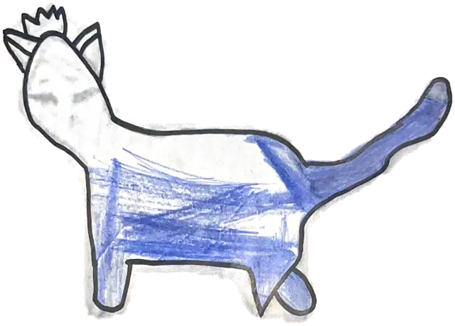 Gato de contorno negro con relleno azul y gris, corona. Ficha impresa «SIN NOMBRE AÚN»: cambia de color de día y de noche