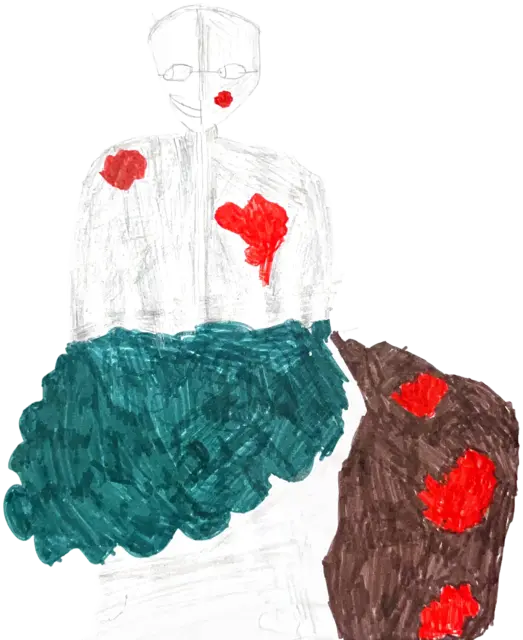 Viejo con camisa clara manchada de rojo y dos bolsas (verde azulada y marrón con manchas rojas)